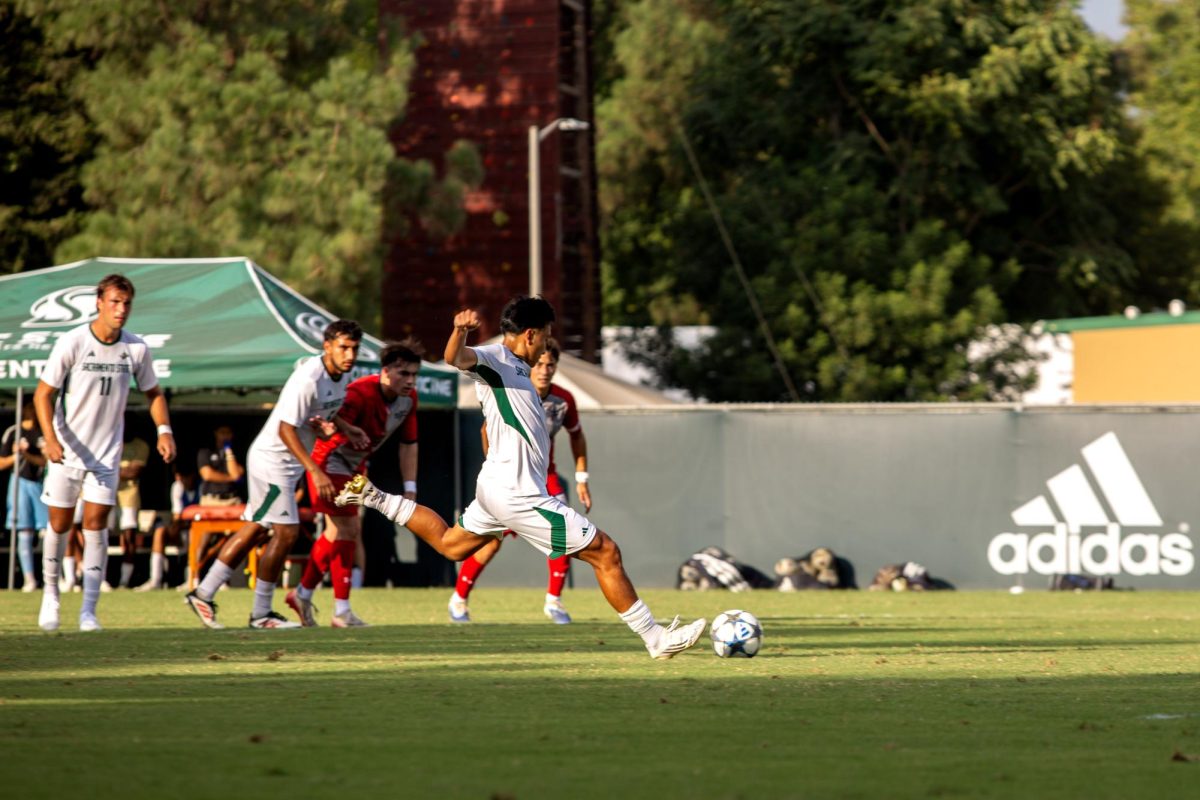 Sophomore midfielder Hiroshi Yang taking his penalty kick against Saint Mary’s Friday, Sept. 19, 2025. The Hornets would go on to draw their last nonconference match of the season against the Gaels by a score of 1-1.