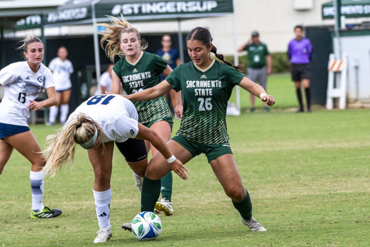 Freshman defender Aryana Martinez fights for the ball in the 2-0 defeat to UC Davis Thursday, Sept. 18, 2025. In her first season, Martinez has stepped into the spotlight due to an injury to fifth-year defender Sydney Sharts.