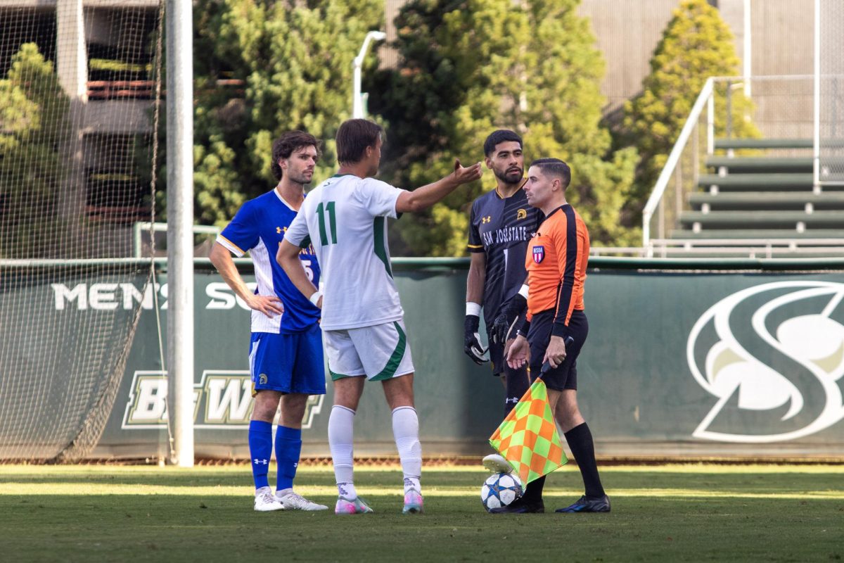 Sophomore forward Sean Battistessa talks to the referee during the game against San Jose State University Sunday, Sept. 7, 2025. The Hornets lost by two goals.