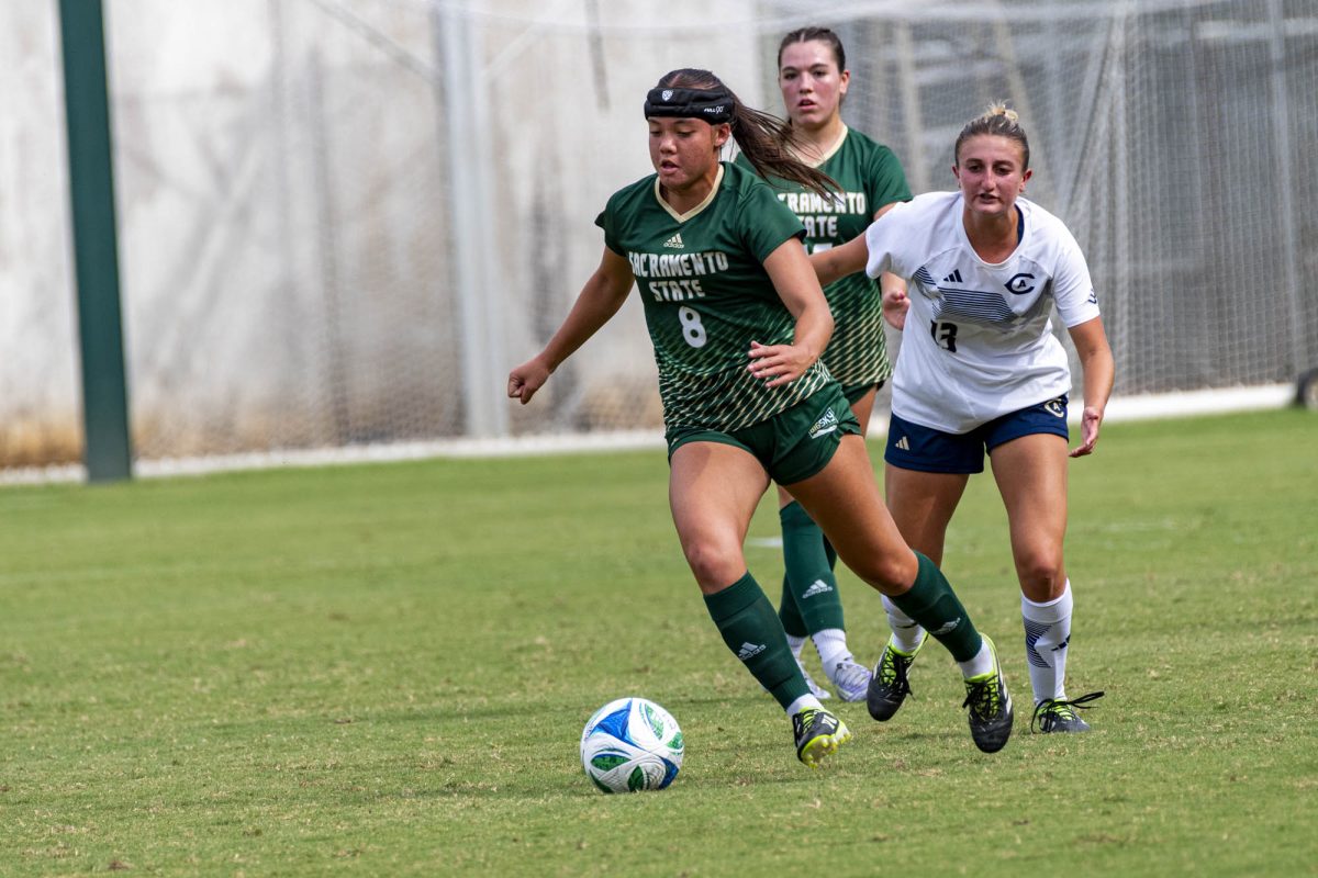 Sophomore defender Jaety Mandaquit drives with the ball in the 2-0 defeat to UC Davis on Thursday, Sept. 18, 2025. Mandaquit has played a crucial part in Sacramento State’s defense this season and will be one of the defensive options available for Sac State going into Big Sky Conference play.