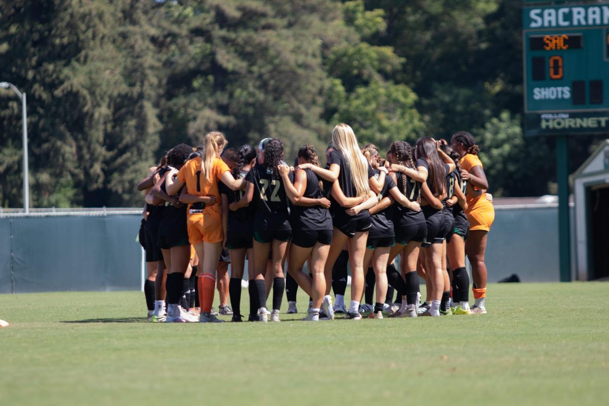 Sacramento State women’s soccer team gathers in a huddle before their game against San Jose State on Sunday, Sept. 7, 2025. The game was freshman goalkeeper Cynthia Waller’s last appearance before the game against UC Santa Barbara on Sept. 14.