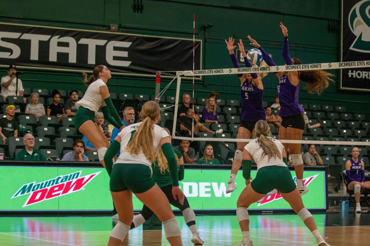 Weber State players attempt to block a shot from Sophomore outside hitter Victoria Marthaler on Sept. 28, 2025. Sac State swept the Wildcats 3-0, with Marthaler leading the way with 18 kills.