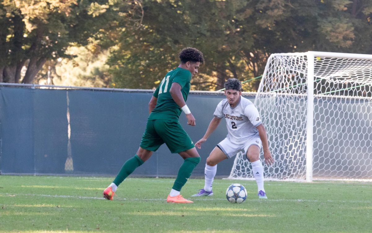 Junior forward Donovan Sessoms takes a touch off his right foot as he steps towards the box against UC Irvine Saturday, Oct. 18, 2025. The Hornets failed to complete a comeback against the Anteaters by a score of 3-0.