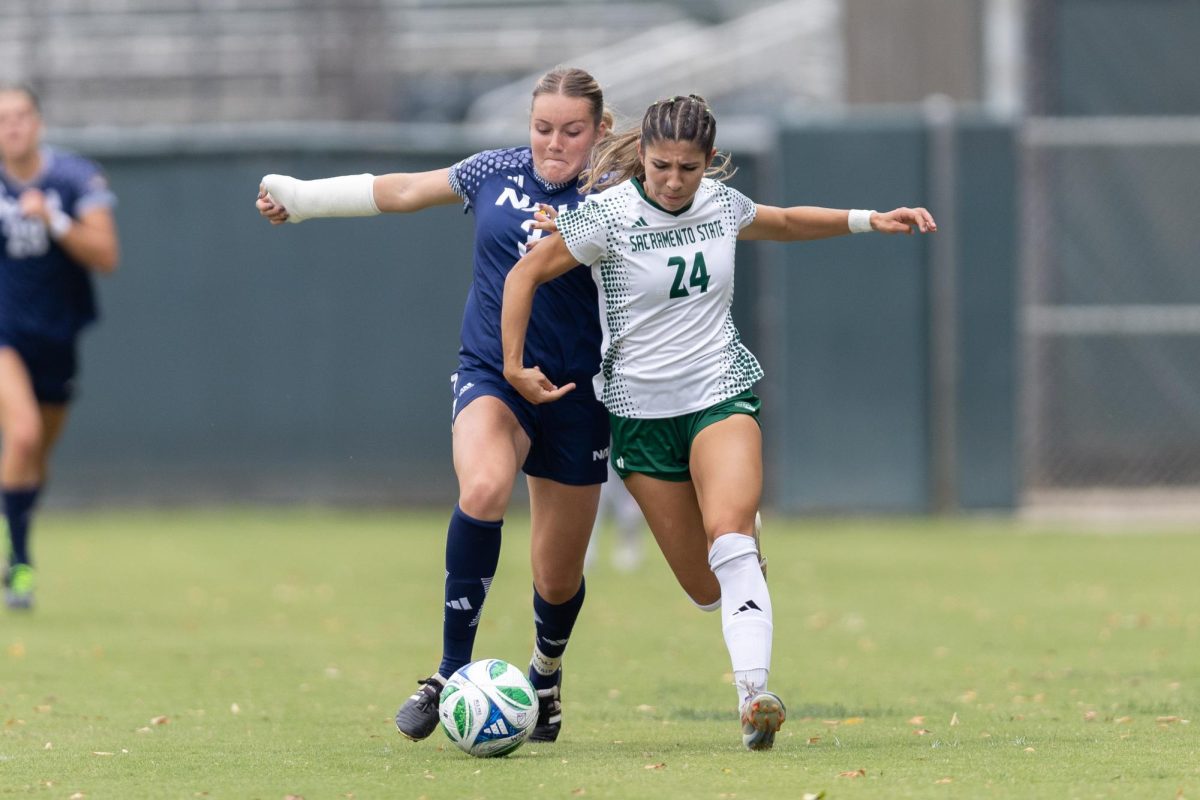 Junior forward Lexi Schroeder fights for the ball in the 1-1 draw against Northern Arizona Thursday, Sept. 25, 2025.Schroeder has been one of the main attacking outlets for Sacramento State this season.