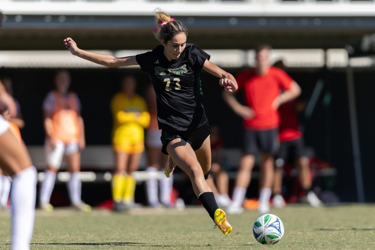 Junior forward Micaela Romo getting ready to strike the ball in the 5-0 victory against Eastern Washington Sunday, Oct. 5, 2025. Sacramento State failed to continue their attacking prowess against Idaho State as they lost to the Bengals 3-0 in Idaho on Oct. 9.