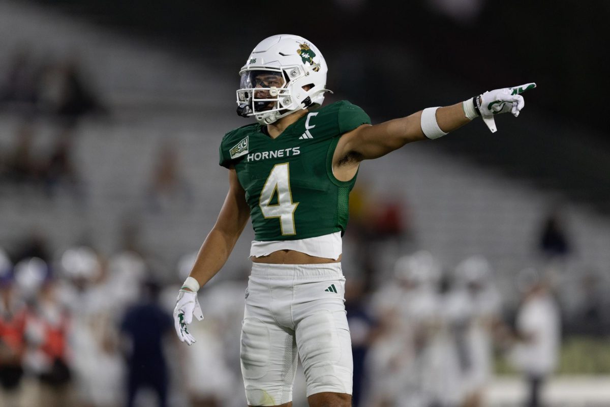  Junior safety Koa Akui directs the secondary against Northern Colorado Saturday, Oct. 24, 2025. Akui snagged his fourth interception against the Bears, good for the Big Sky lead. 