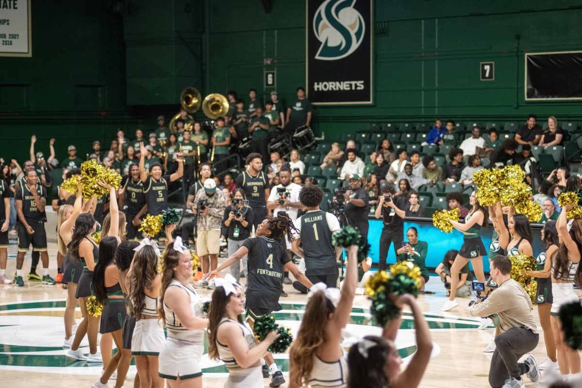 Women’s freshman guard Jamiah Fontenberry and men’s sophomore guard Mikey Williams take the Hornet Madness floor Friday, Oct. 10, 2025. Hornet Madness was the final Sacramento State basketball event at The Nest.