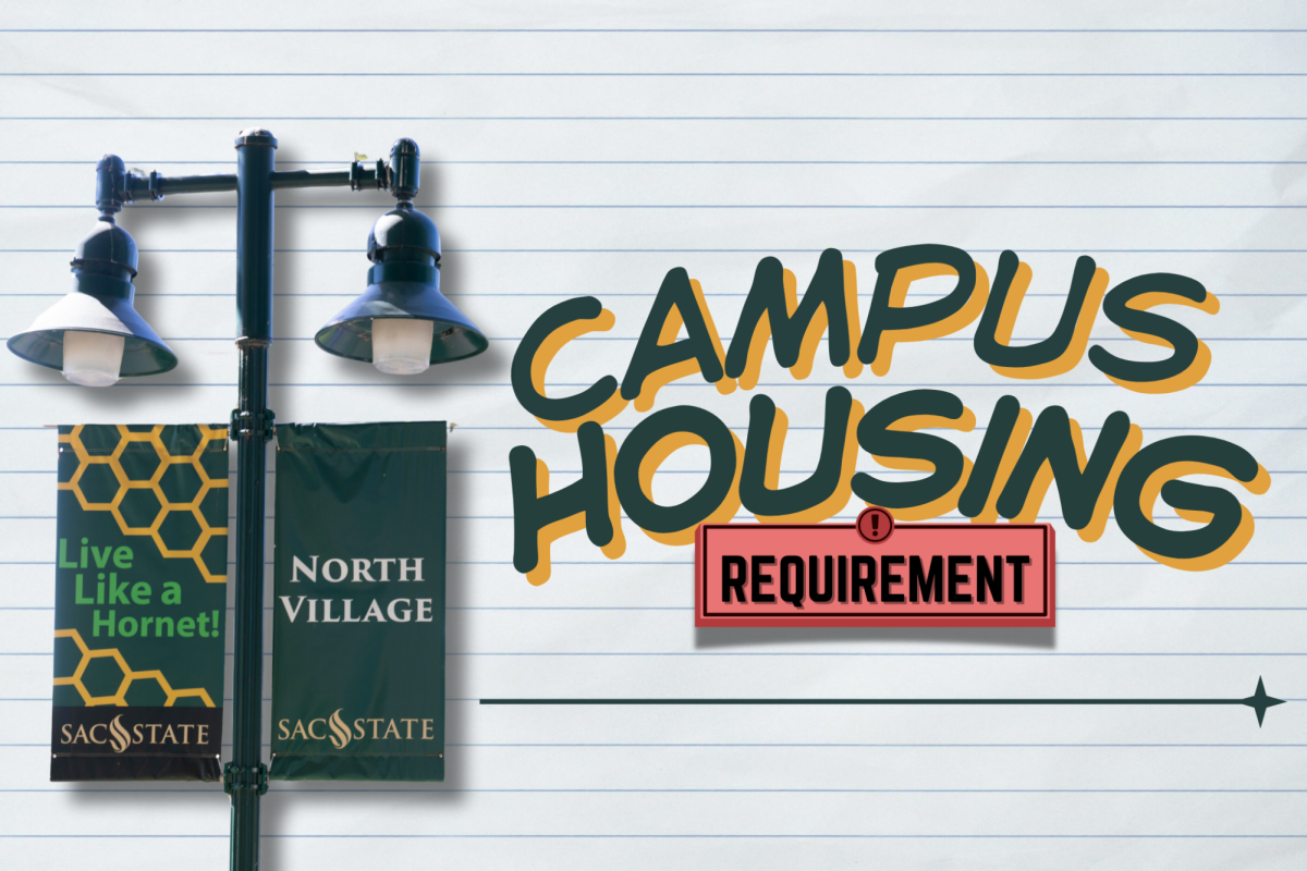 As hundreds of students applying for housing have struggled to secure a spot, Sacramento State introduces a new live-in requirement for freshmen on Thursday, Aug. 21, 2025. To meet demand, existing dorm buildings like Riverview Hall will make transitions, while newer projects like Mt. Whitney Hall aim to expand housing availability. (Graphic made in Canva by Annie Biebl, photos courtesy of Sac State)