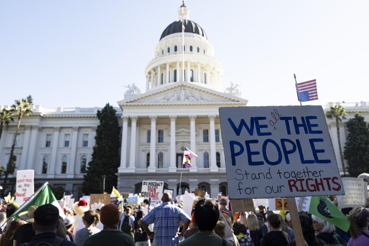 Protesters gather on the steps of the California State Capitol in protest of President Donald Trump’s administration Saturday, Oct 18, 2025. There were 2,700 protests throughout the country.