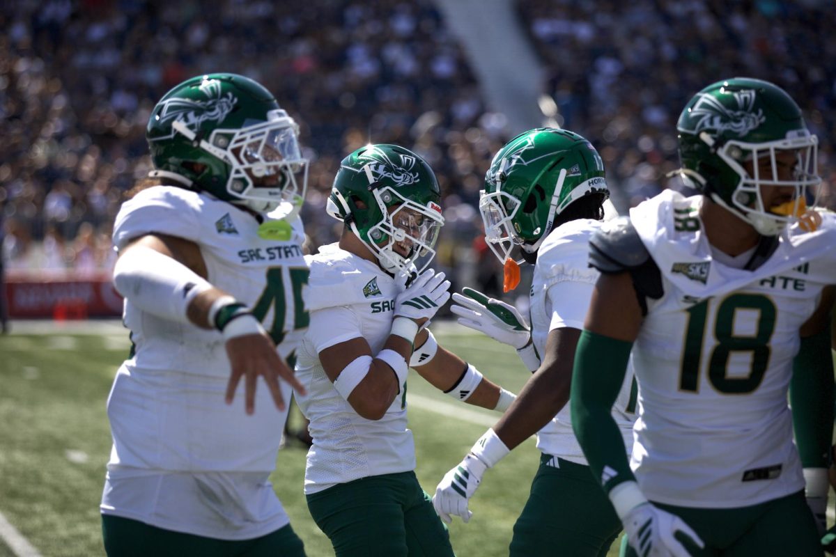 Junior safety Koa Akui celebrates his interception in Sac State’s loss to Nevada Saturday, Sept. 6, 2025. Akui has a total of 3 interceptions this season.
