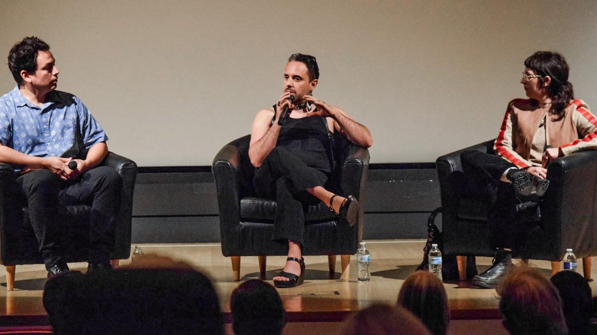 Adam Piron, the Director of the Indigenous Program at the Sundance Institute (left), Roberto Fatal, director of “En Memoria” (middle) and Quinne Larson, the director of “Film Recording” (right), discuss important topics regarding Indigenous films during the panel Saturday, Sept. 27, 2025. The audience prompted questions for the panel members, providing the audience with an interactive experience following the film viewing. 