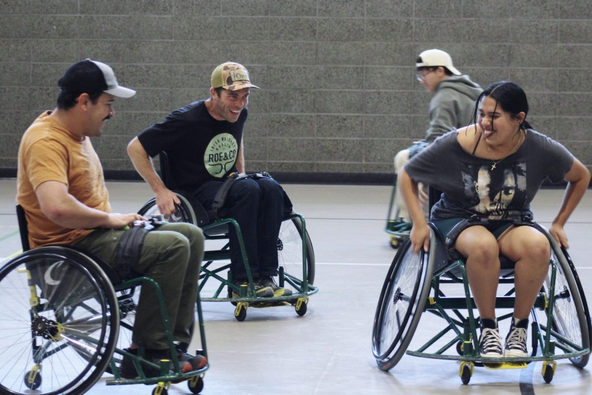 Students play wheelchair tennis tag on the MAC Court in The WELL on Tuesday, Oct. 14, 2025. All-sport wheelchairs are used for adaptive tennis and basketball at Sacramento State. 