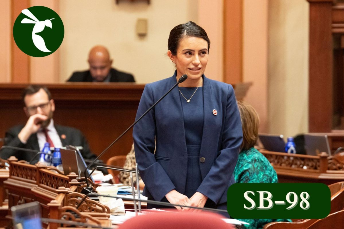 Senator Sasha Renée Pérez, the sponsor of Senate Bill 98, speaks on the Senate floor Wednesday, Sept. 24, 2025. Pérez is responsible for sponsoring two of the five bills in the package signed by the governor. (Graphic made in Canva by Aaron Smith)