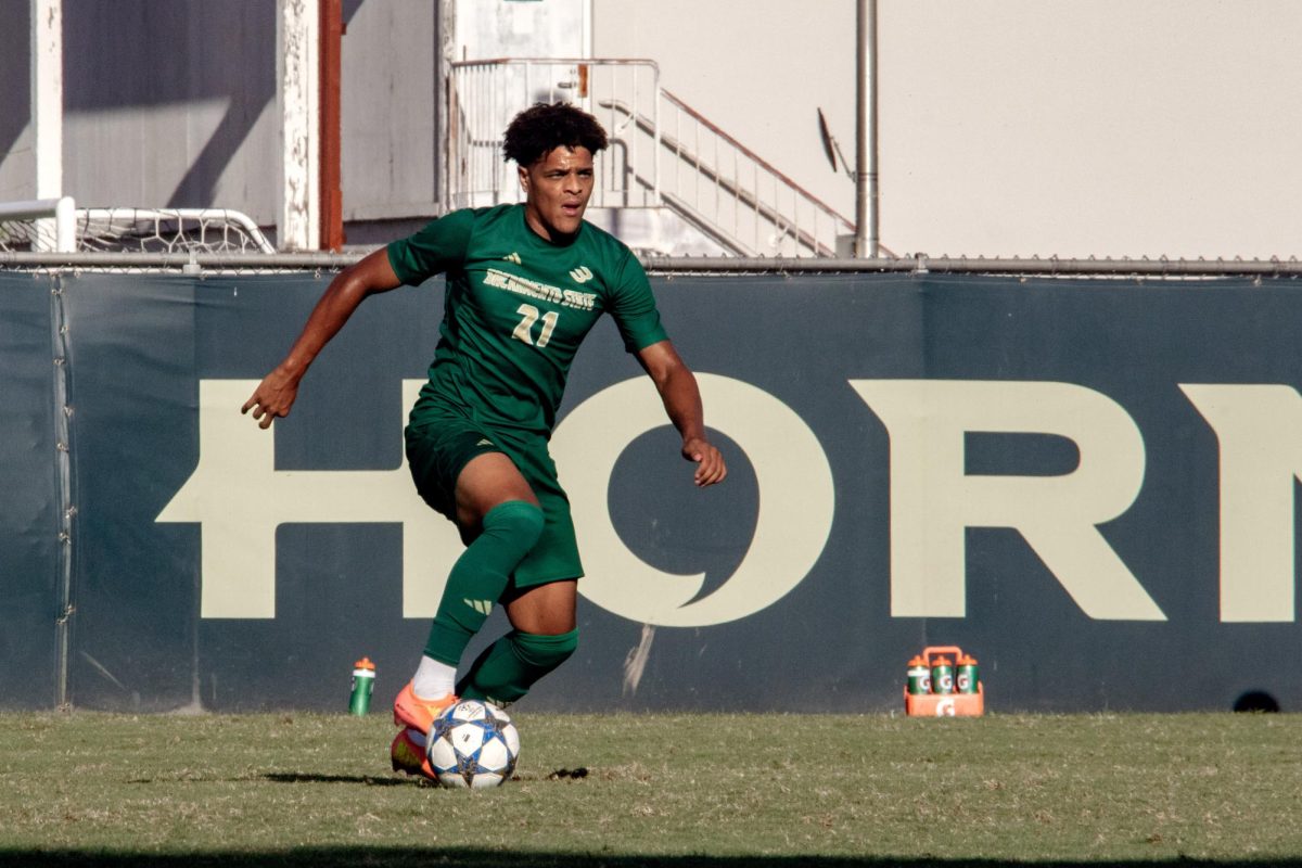 Junior forward Donovan Sessoms possesses the ball at home Wednesday, Oct. 1, 2025 against CSU Bakersfield. Sac State struggled offensively, losing the match by a score of 1-0.