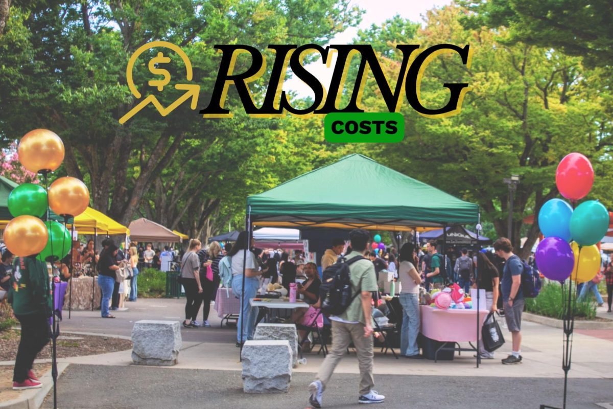 Sacramento State students attend Stinger Expo on Thursday, Sept. 11, 2025. Some students expressed concerns about rising costs for imported goods and car repairs. (Photo courtesy of Sac State, graphic made in Canva by Annie Biebl)