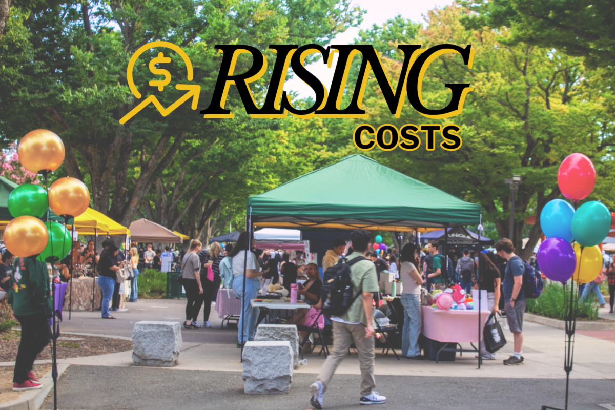 Sacramento State students attend Stinger Expo on Thursday, Sept. 11, 2025. Some students expressed concerns about rising costs for imported goods and car repairs. (Photo courtesy of Sac State, graphic made in Canva by Annie Biebl)