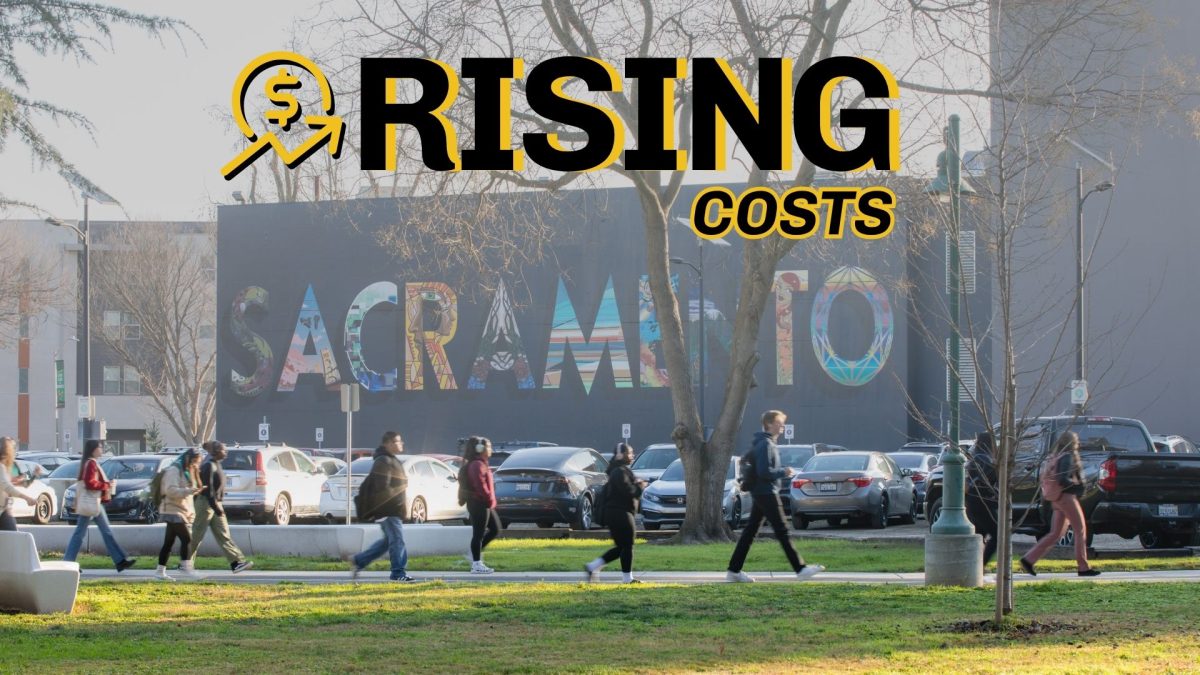 Sacramento State students attend Stinger Expo on Thursday, Sept. 11, 2025. Some students expressed concerns about rising costs for imported goods and car repairs. (Photo courtesy of Sac State, graphic made in Canva by Annie Biebl)