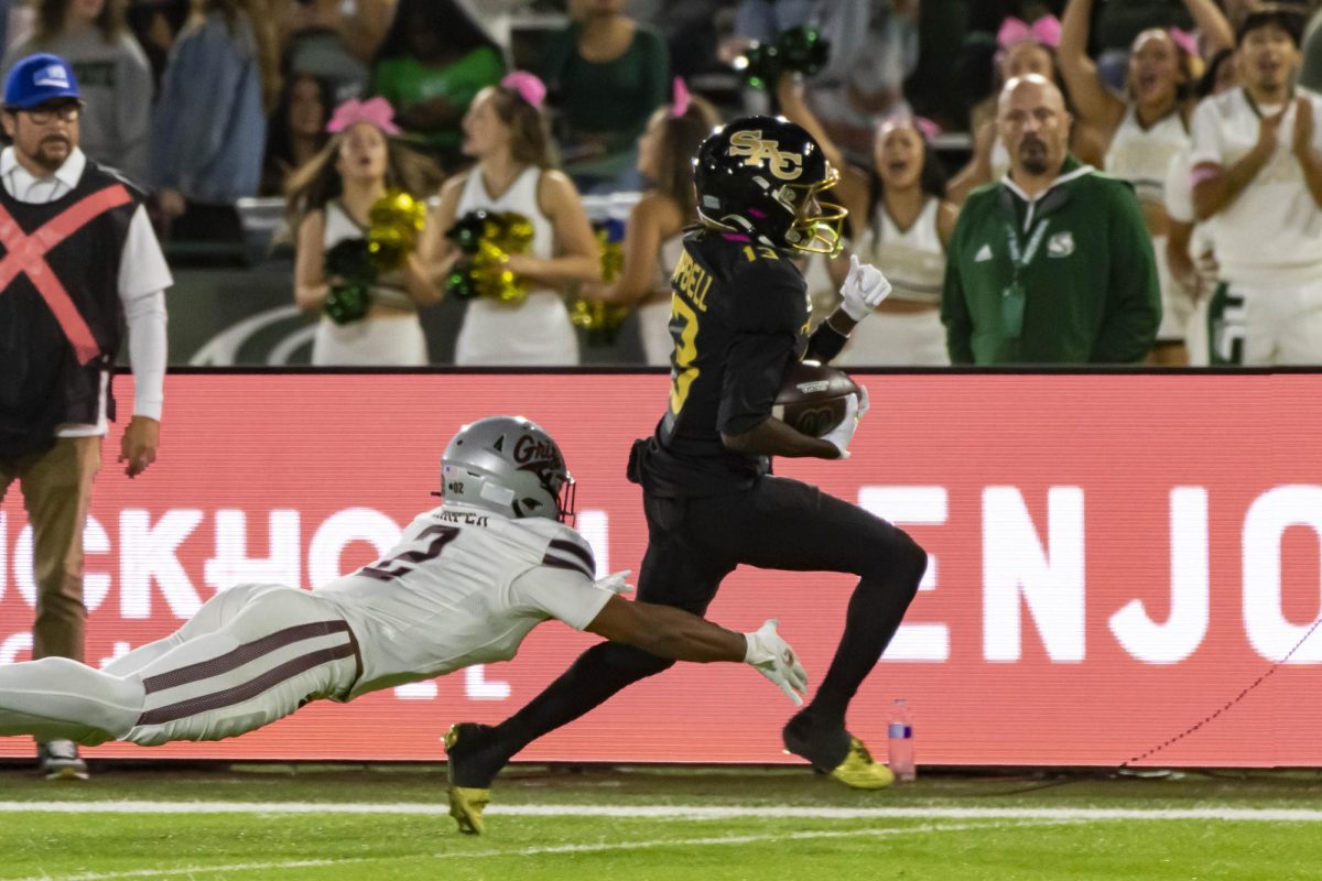 Redshirt freshman Ernest Campbell dashes towards the endzone against Montana, Saturday, Oct. 24, 2025. Campbell had a career night, eclipsing 200 yards and scoring his fifth touchdown of over 50 yards.