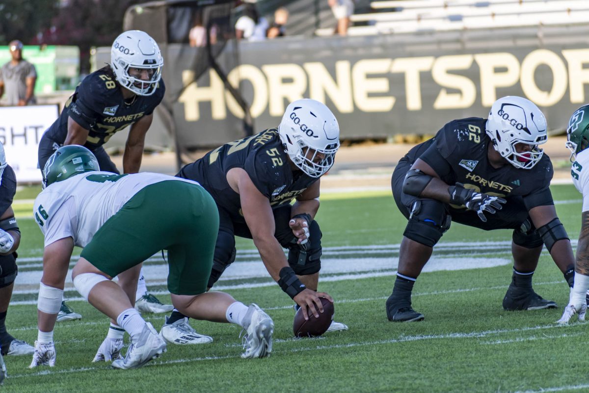 Senior linemen Dean Abdullah and Kenndel Riley get ready to fire off the ball and create running lanes for the running backs against Cal Poly on Saturday, Sept. 27, 2025. The Hornet offensive line has been dominant this season, helping rack up 234.7 rushing yards per game.