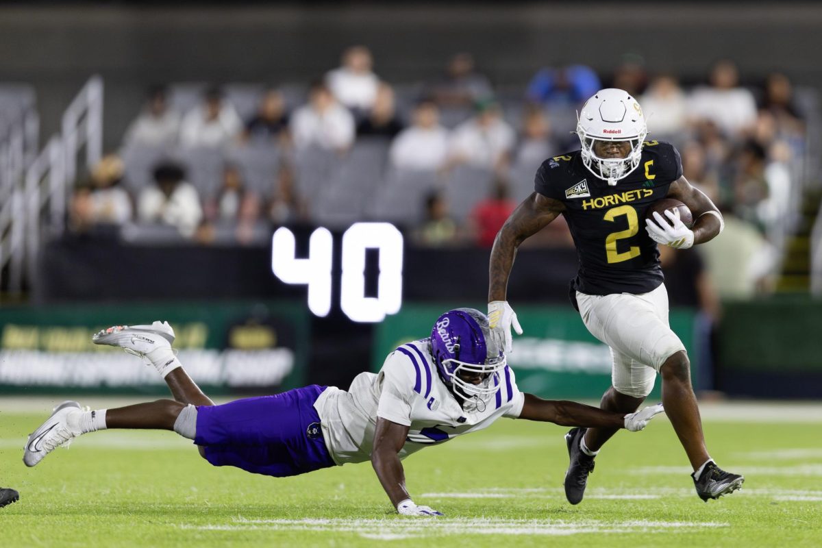 Senior running back Rodney Hammond Jr. evades a central Arkansas defender Sept. 20, 2025. Hammond continued his big season with 203 yards and a pair of touchdowns against Eastern Washington Saturday.