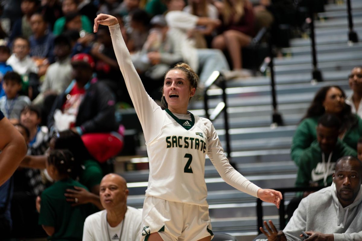 Junior guard Natalie Picton keeps her arm high after releasing a shot from the 3-point line Thursday, Nov. 6, 2025. Picton made three 3-pointers in the win against Nevada.