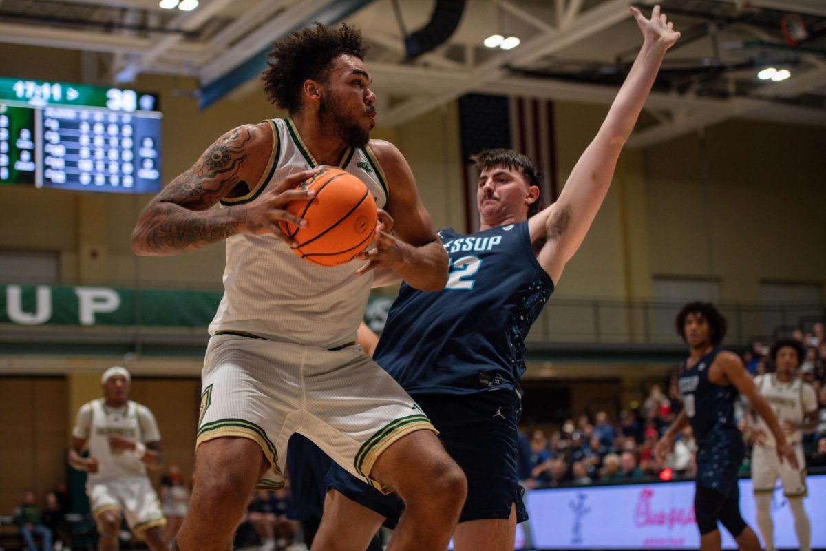 Senior forward Jeremiah Cherry charges to the hoop against Jessup Friday, Nov. 8, 2025. Cherry finished the game with 15 points, 12 rebounds and five blocks.