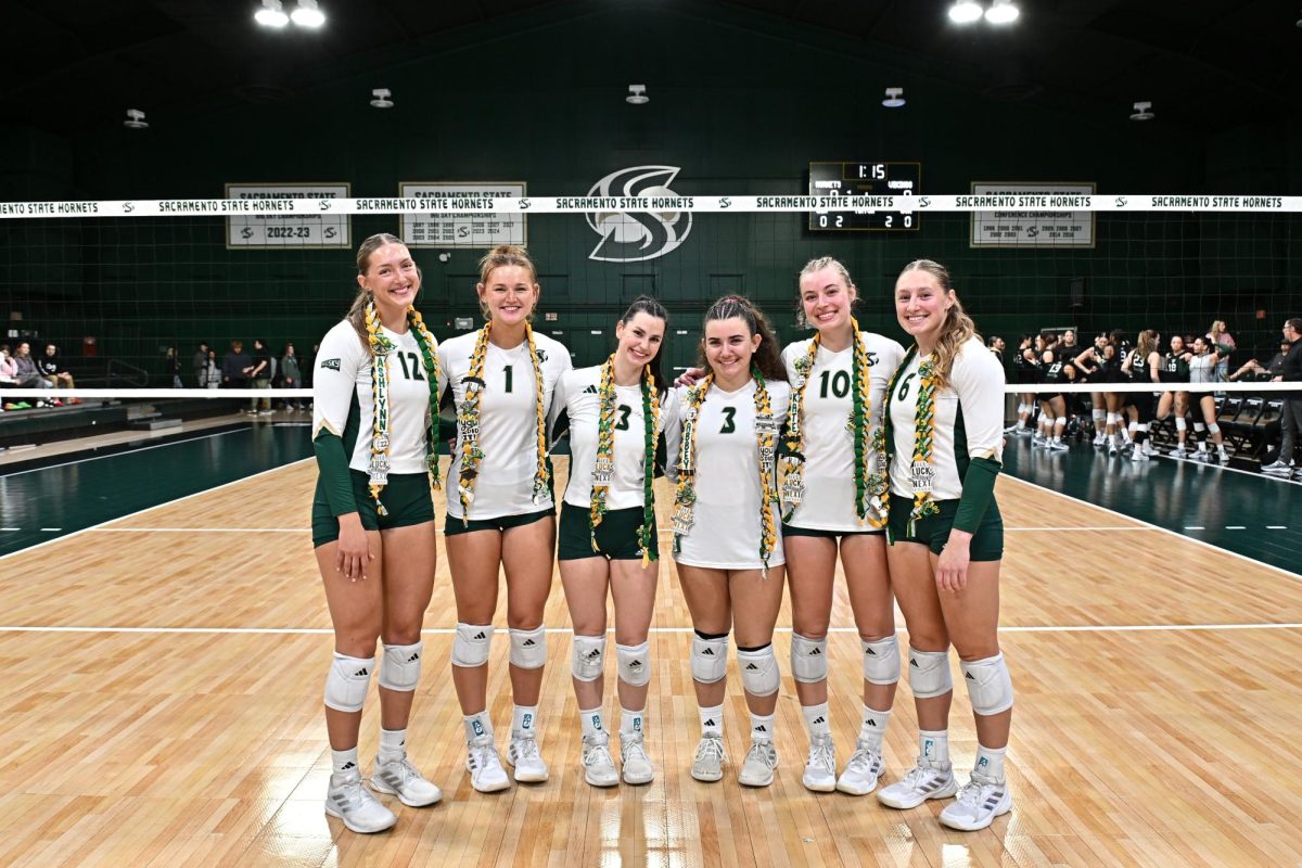 The six players honored on senior night from left to right: Ashlynn Archer, Karlie Spohn, Mia Guevara, Abbey Kaddillak, Kate Doorn and Greta Davis. The Hornets won their last regular season game in The Nest, Friday, Nov. 14 versus the Portland State Vikings, 3-1. (Photo Courtesy of Bob Solorio)