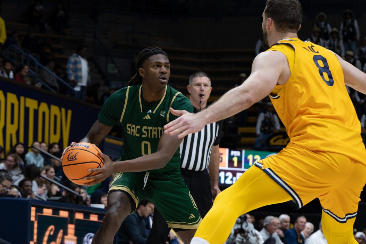 Sophomore forward Brandon Gardner possesses the ball against California Friday Nov. 21, 2025. Gardner led the Hornets in scoring against the Bears with 19 points.
