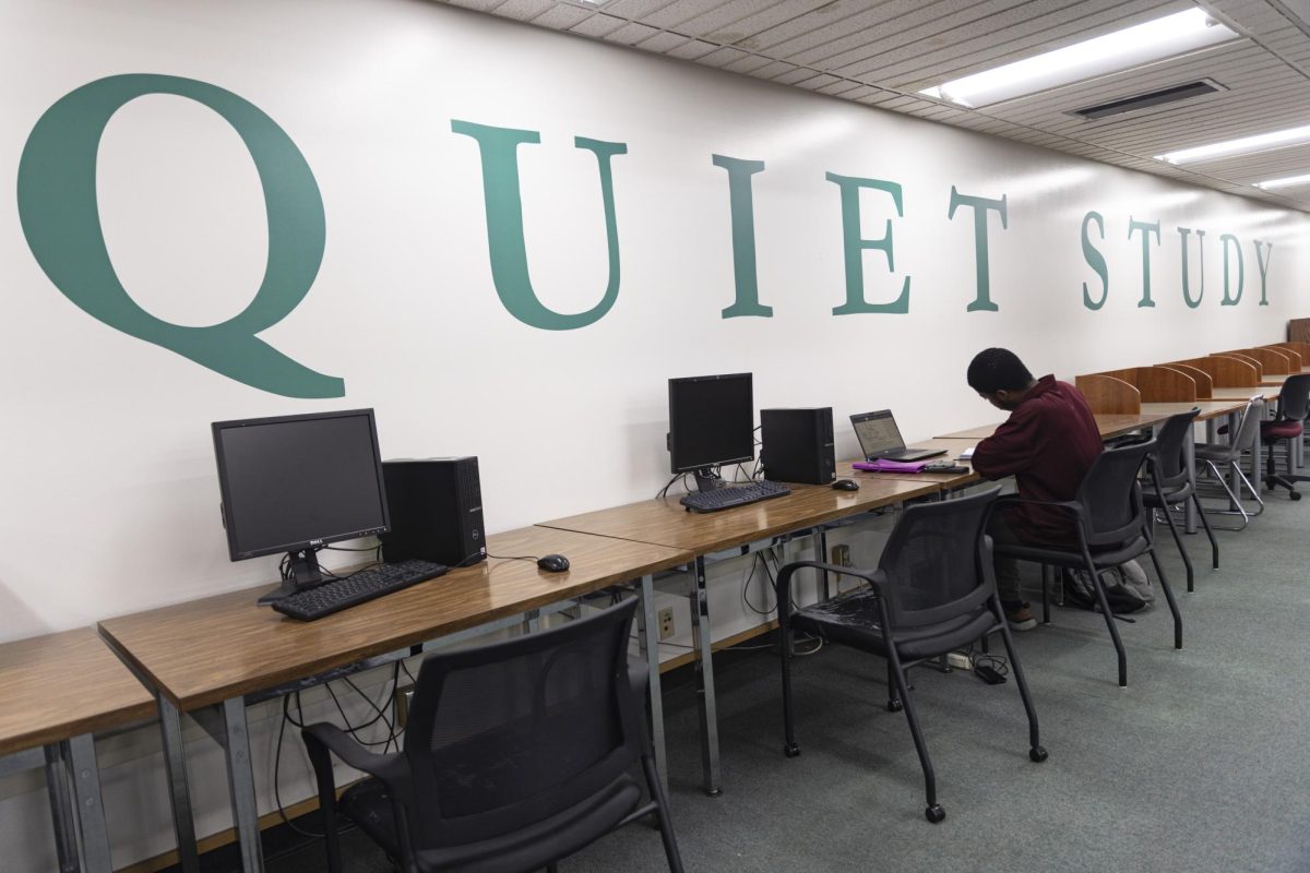 A student studies in the library's quiet study section Tuesday, Oct. 28, 2025. A potential change to the spring 2026 library hours may be reduced hours and openings. 
