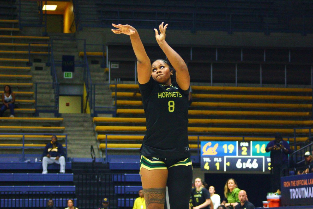Junior forward Keanna Salave’a releases a three, contributing to her all-time scoring record of 12 points Sunday, Nov. 9, 2025. Salave’a drilled a pair of threes, her first two of the season.