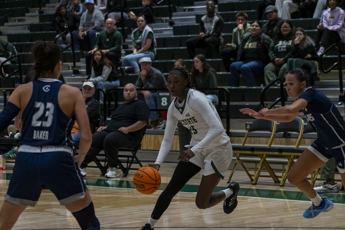 Senior forward and criminal justice major Fatoumata Jaiteh dribbles into the paint against UC Davis, on Monday, Nov. 24. Jaiteh is excited and grateful to be a part of the “start of a new era” of basketball teams playing at the Hornet Pavilion. 