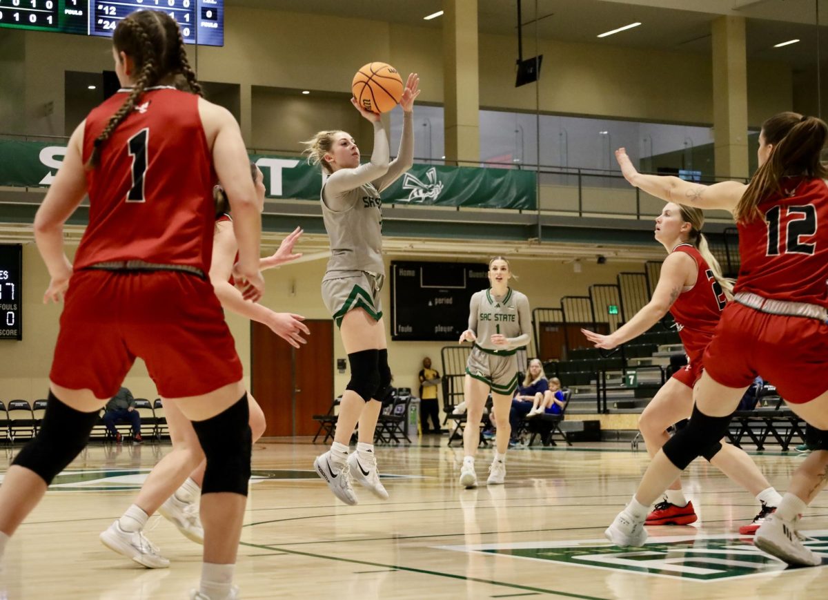 Junior guard Natalie Picton jumps high for a midrange shot against Eastern Washington Saturday Jan. 24, 2026. Picton was the third guard to score double-digit points, landing 18 field goals with two steals.