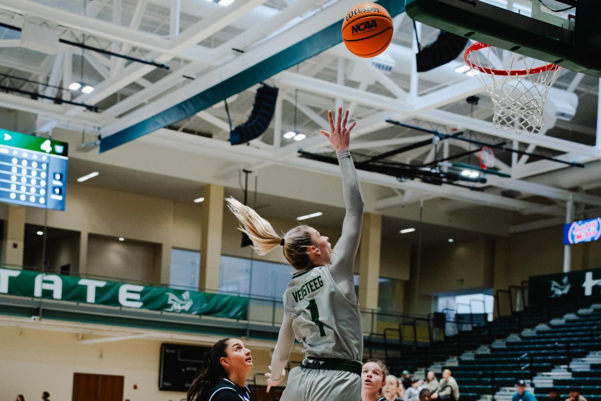 Redshirt senior guard Benthe Versteeg elevates for a layup against Weber State on Saturday, Jan. 3, 2026. Versteeg tallied a double-double in addition to six steals for the win. (Photo courtesy of Jyanne Bautista)