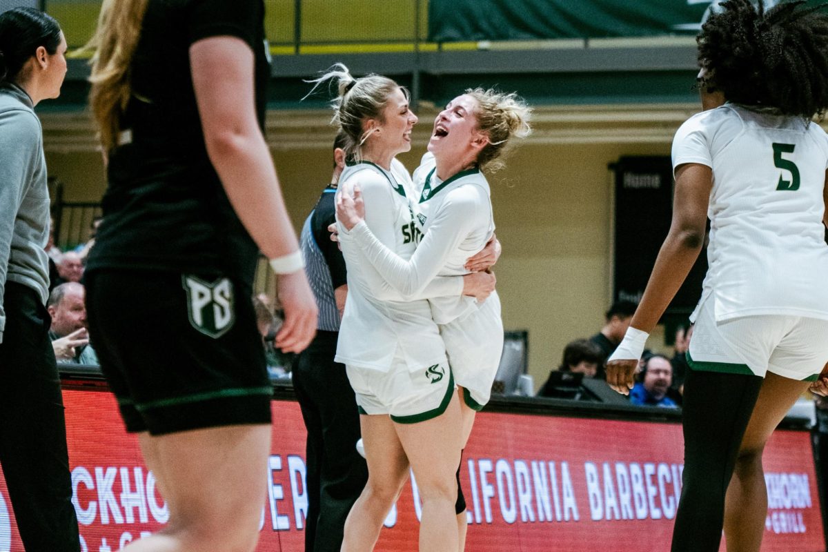 Junior guard Natalie Picton and sophomore guard Rubi Gray celebrate together near halfcourt on Saturday, January 10, 2025. Both players led in scoring for the Hornets, contributing to the win against Portland State. (Photo courtesy of Jyanne Bautista)
