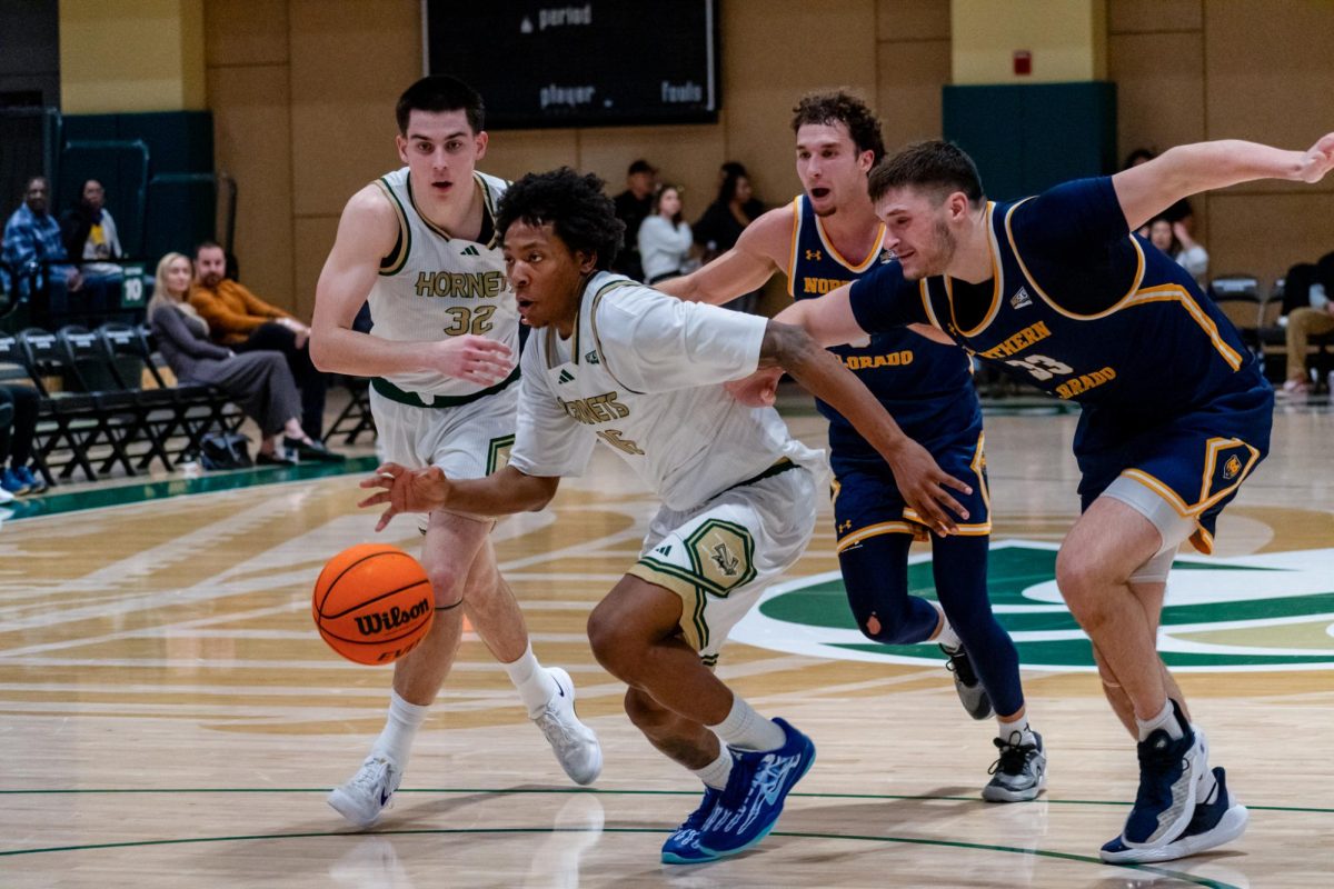 Senior guard Prophet Johnson driving to the basket against Northern Colorado Saturday, Jan. 17, 2026. Johnson finished with 30 points, his highest of the season.