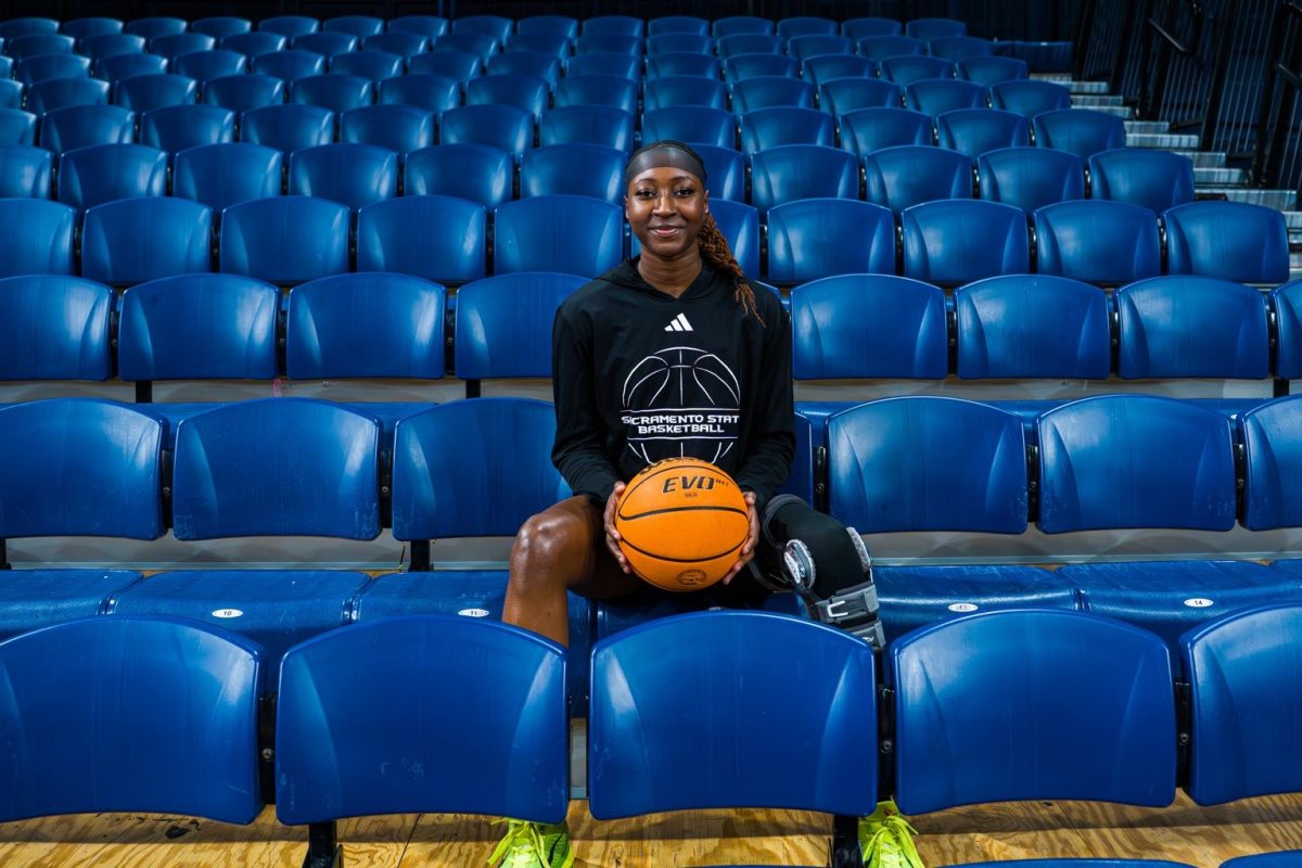 Senior forward Fatoumata Jaiteh sits in the stands ahead of Sac State's game against Montana State, Jan. 29, 2026. Jaiteh returned from a knee injury that sidelined her since November. (Photo Courtesy of Jyanne Bautista)