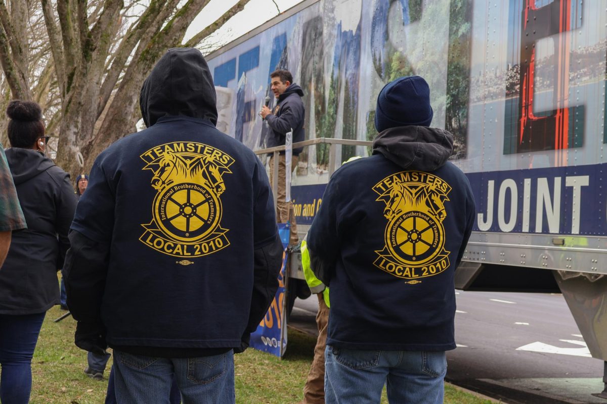 International Brotherhood of Teamsters representatives spoke during a rally on Wednesday, Feb. 18, 2026. Leadership talked about the purpose of their strike, gave motivational slogans and called for action from the university. (Photo taken by Vanessa Gomez)