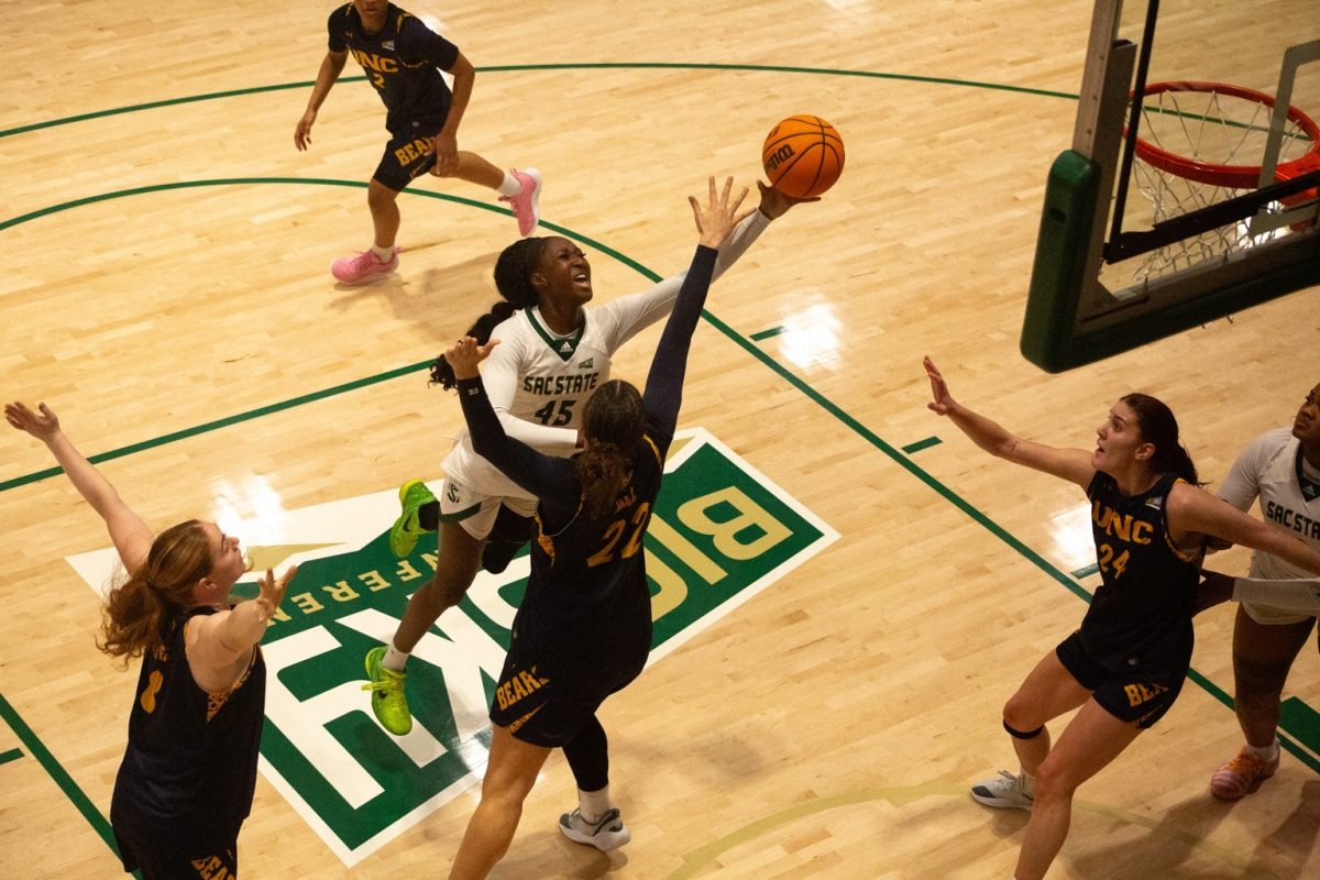 Senior forward Fatoumata Jaiteh grimaces as she goes up for a layup against Northern Colorado Thursday, Jan. 12, 2026. Jaiteh scored seven points and recorded one block in the loss against UNC. 
