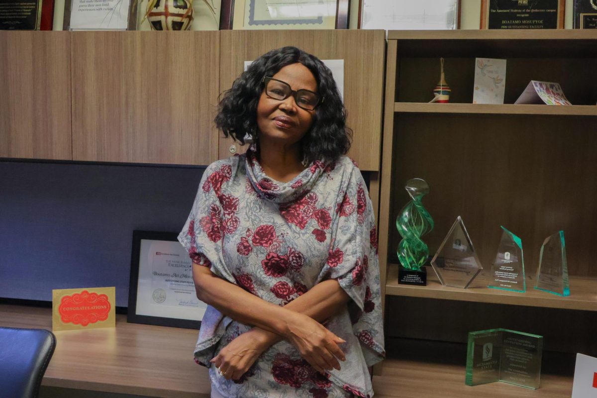 Boatamo Ati Mosupyoe stands in her office Tuesday, Feb 10, 2026. Mosupyoe has been a Sac State faculty member since 2003.