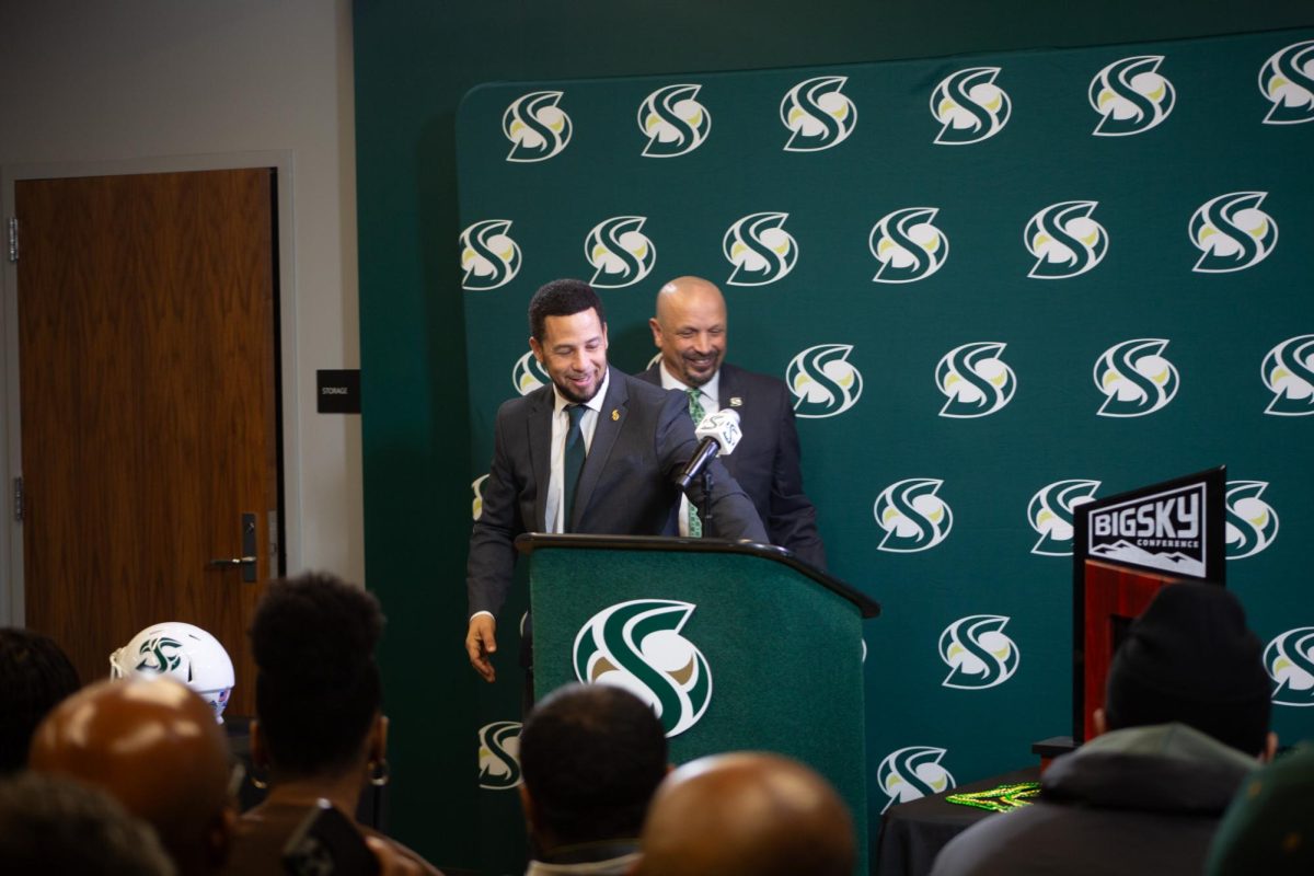 Sac State President Luke Wood and athletic director Mark Orr speak at new head coach Alonzo Carter’s introductory press conference Thursday, Dec. 18, 2025. Wood has been under scrutiny due to alleged mischaracterizations of financial projections associated with their MAC move.