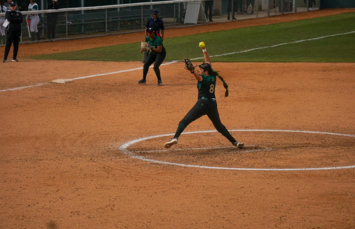 Junior pitcher Alexa Ortiz fires a curveball against the Saint Mary’s Gaels Feb. 7, 2026. Ortiz’s curveball was breaking late and diving out of reach all game long; she struck out six. 