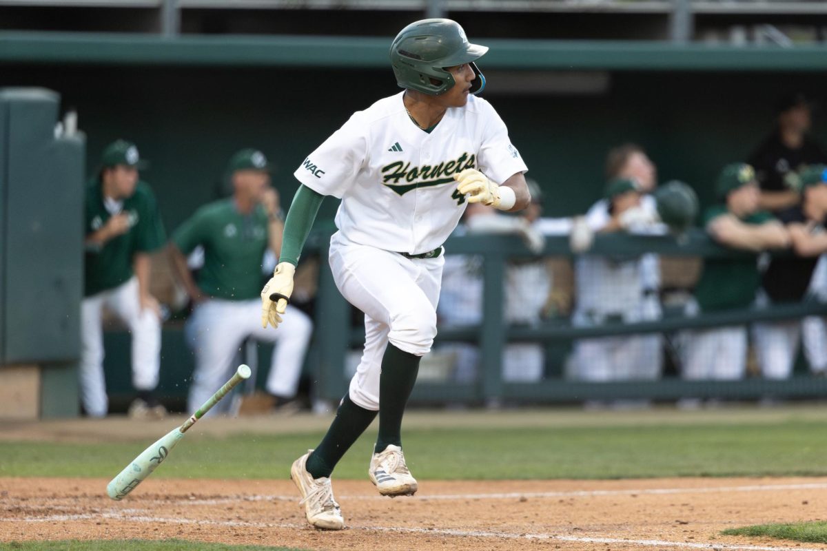 Senior catcher Jacob Cortez heads to first after making contact against the University of the Pacific on Wednesday, March 11, 2026. Cortez and the Hornets split the series against the Tigers