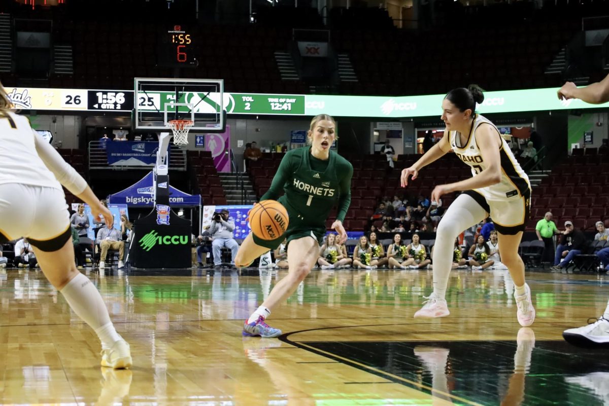 Redshirt senior guard Benthe Versteeg drives into the paint against the Idaho Vandals Tuesday, March 10, 2026. Versteeg scored nine points in the Starch Madness loss. 
