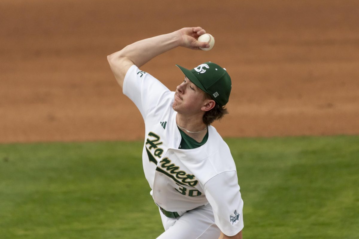Sophomore pitcher Jackson Halverson throws a pitch against Cal on Saturday, Feb. 28, 2026. The Hornets struggled to maintain the Bear’s offense in an 8-2 loss.