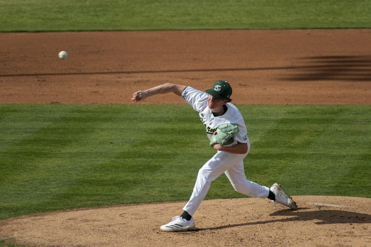 Freshman pitcher Trevor Wilson heaves a pitch against Cal Saturday, February 28, 2026. Wilson started the game as the Hornets would lose all three games against the Golden Bears.
