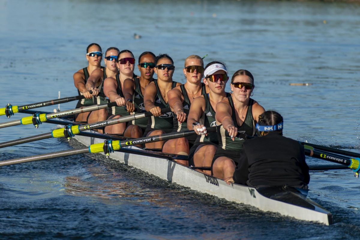 The Sacramento State women’s rowing varsity eight during their morning session race on Saturday, March 14, 2026. The morning weather proved no problem for the Hornets, as they completed their race almost seven seconds faster than the second place Kansas State boat. 