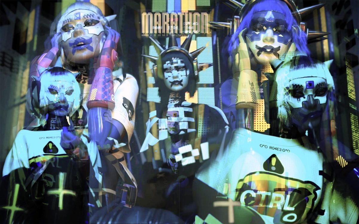 The character Vandal (formally Glitch) poses in different outfits and sitting positions, showcasing the abrasive, machine-like design world featured in Marathon. While still a corporate motherboard, graphics live like ornamented thumbtacks. (Original images courtesy of Bungie. Graphic by Hussam Albarakat on Photoshop)
