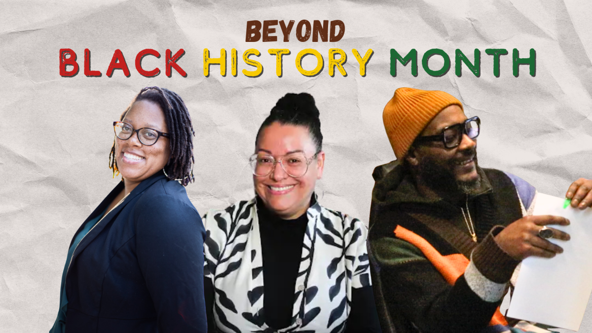 Professors Jasmine Wade (left), Michele Foss-Snowden (middle) and Clarence George III (right) reflect on Black media consumption beyond Black History Month. They also discussed Black history and challenges faced outside of BHM. (Graphic created in Canva by Madeline Garcia)