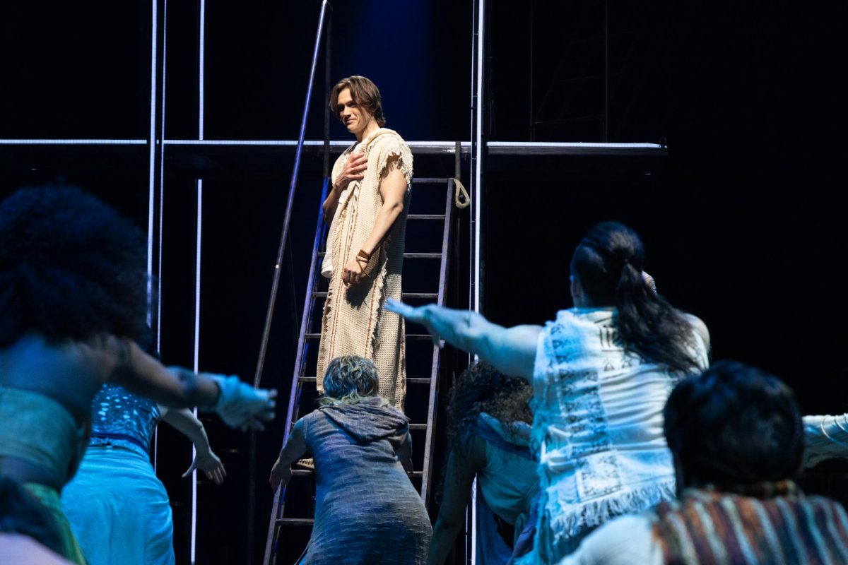 Jesus Christ (Justin Sargent) looking out to the crowd during one of the early numbers, on Wednesday, March 11, 2026. “Jesus Christ Superstar” opened on March 13th at the UC Davis Health Pavilion, marking the fifth time the show has been staged in Sacramento.  The musical is to be played until March 22. (Photo courtesy of Kevin Graft)