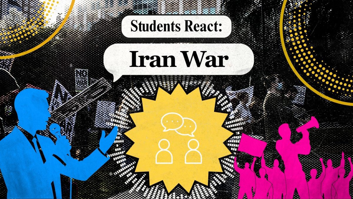 Image from protest against conflict with Iran, in downtown Sacramento, Saturday, March 7, 2026. Students share their reactions to the U.S.-Israeli conflict with Iran. (Made in Canva by Kate Sanders)